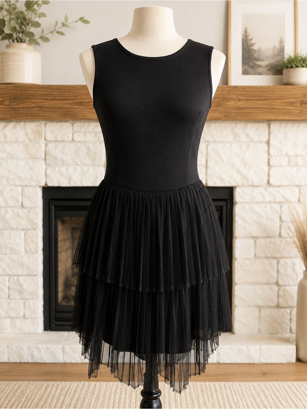 English Factory Black Mix Media Tiered Pleated Tulle Mini Dress. SZ Small
